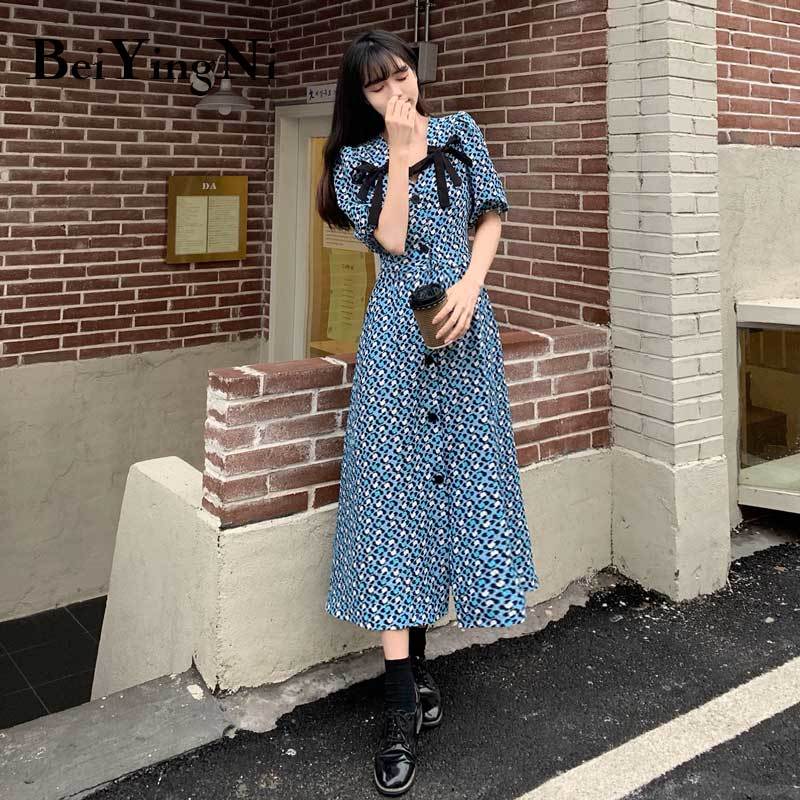 Elegant Kawaii V-neck Dresses Womens Printed Sashes Sweet Vintage Short Sleeve Chiffon A Line Vestidod Female Clothes 210506