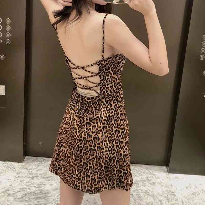 Women Leopard Print Backless Suspender Mini Dress Female Loose Clothes Casual Lady Vestido D6735 210430
