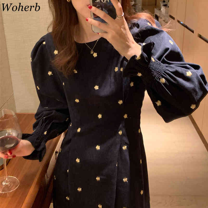Korean Chic Long Puff Sleeve Maxi Dress Women Vintage Floral Embroidery Black High Waist Dresses Vestidos De Mujer 210519