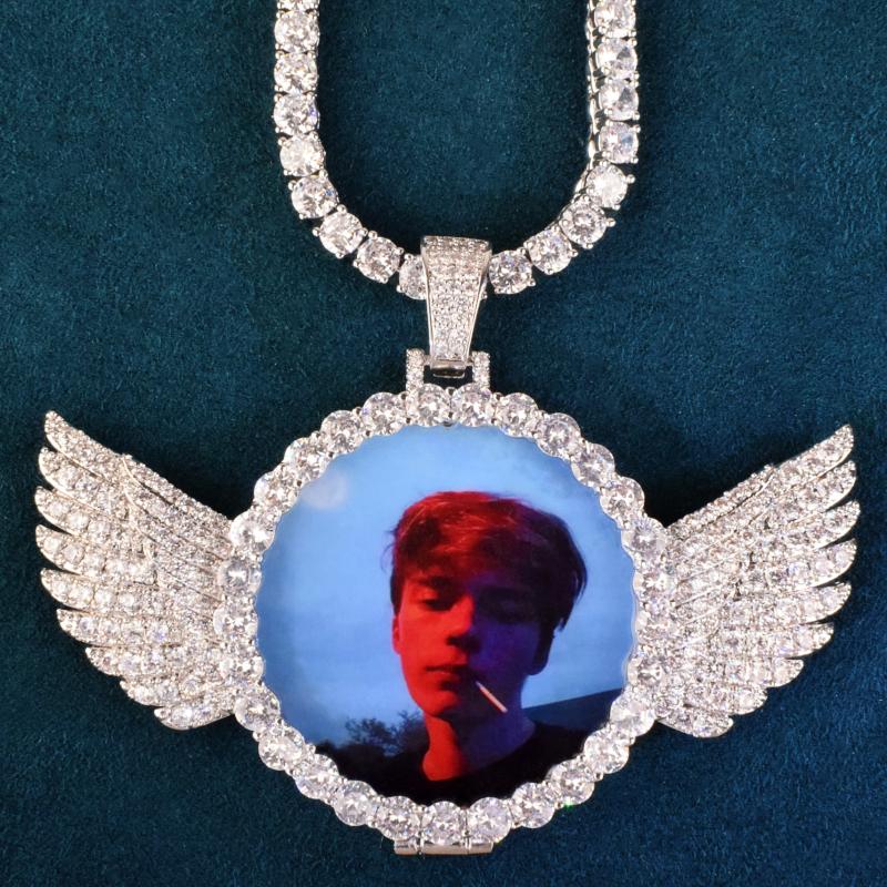 Chains Round Angel Wing Custom Po Pendant Hollow Back Make Memory Picture Hip Hop Necklace Chain For Men Women Jewelry