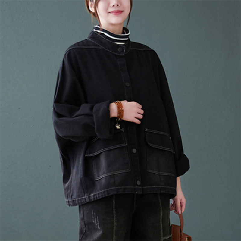 Autumn Korea Fashion Women Loose Casual Black Short Coat Single Breasted Big Pocket Denim Jackets Plus Size S31 210512