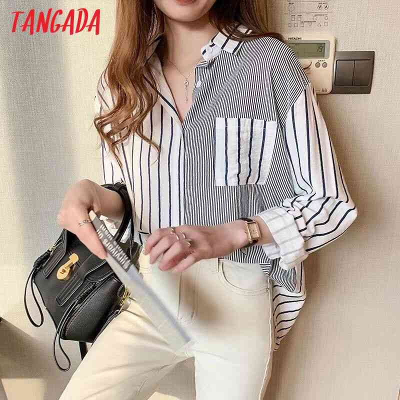 Women Striped Print Chiffon Long Sleeve Spring Chic Female Casual Loose Shirt WF31 210416