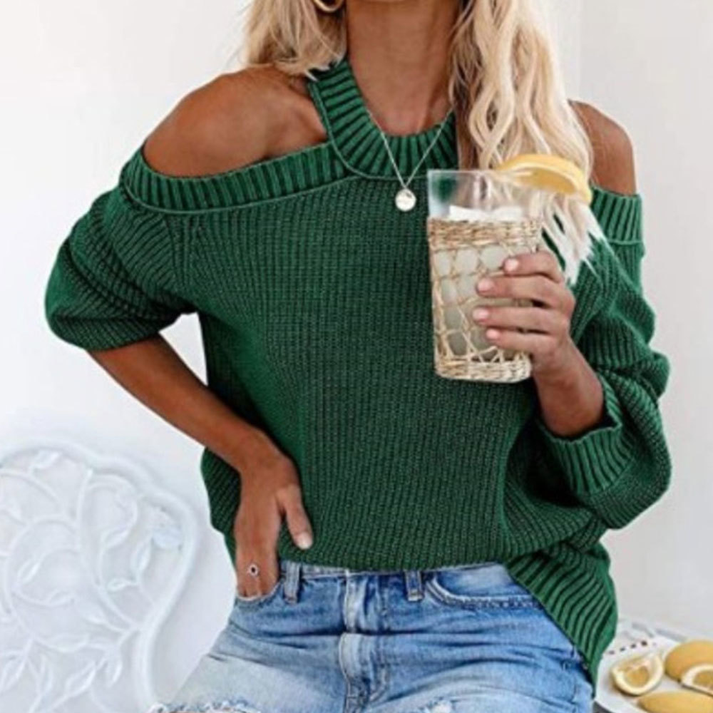Women Autumn Sexy Off the Shoulder Backless Loose Sweater Casual Vintage Oversized Knitted Pullovers Solid Jumpers 210428