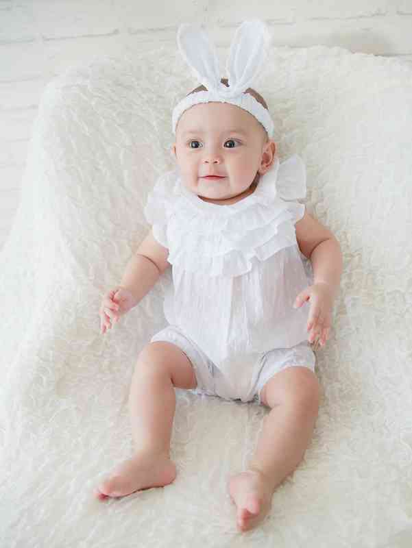 Baby Solid Swiss Dot Ruffle Trim Romper With Headband SHE