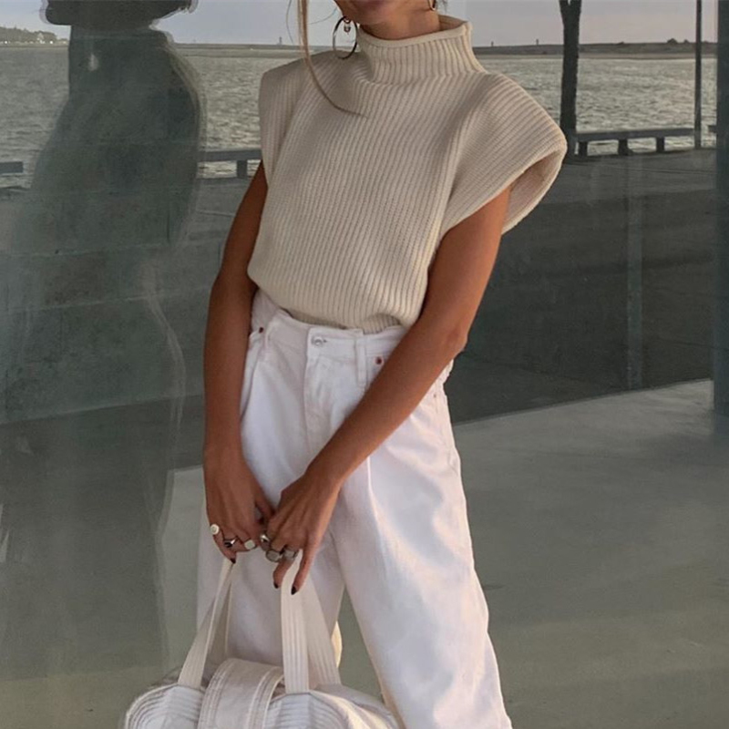 Casual Woman Shoulder Pad Knitted Vest Fashion Ladies Autumn Turtleneck Sleeveless Sweater Female Chic Solid color Top 210515