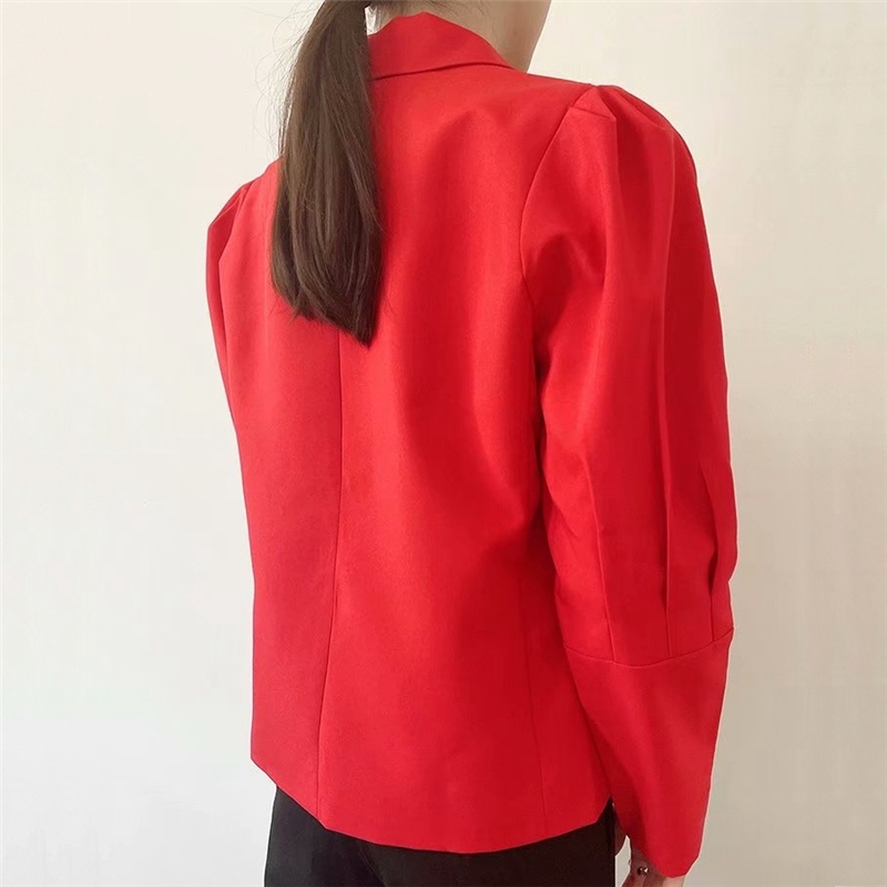 Elegant Women Red Puff Sleeve Blazers Fashion Ladies Pocket Jackets Streetwear Female Chic Notched Collar Coats 210430
