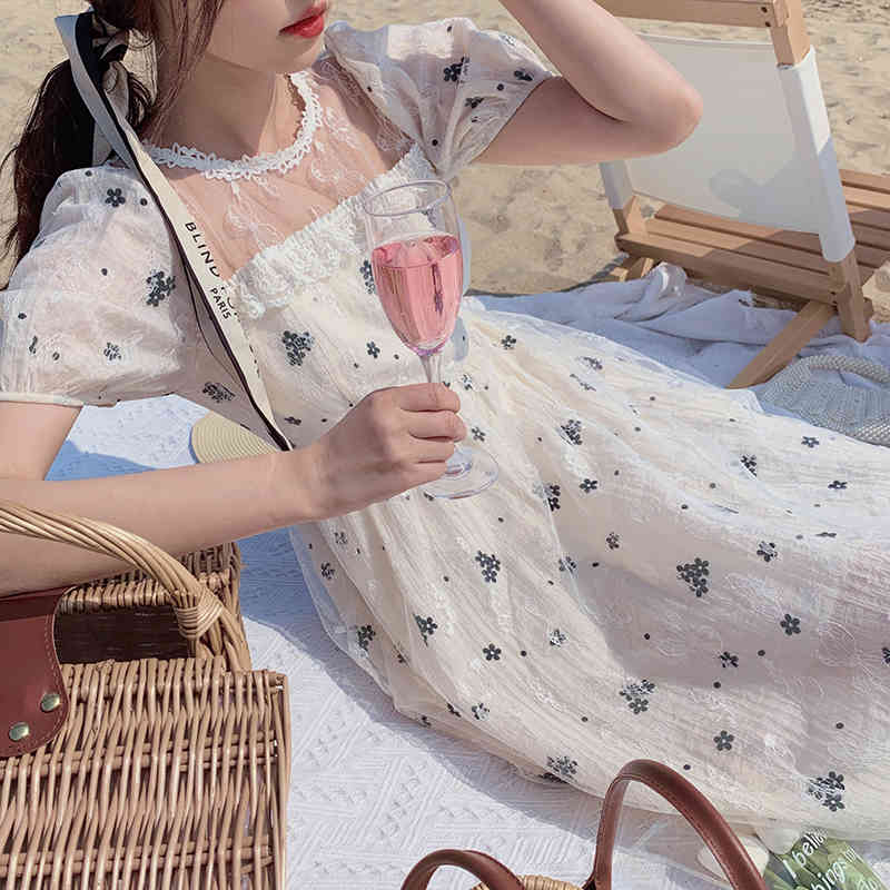 Summer Elegant Vintage Dress Women Casual Beach Party Dress Korean Short Sleeve Floral Midi Dress Female Lace 210521