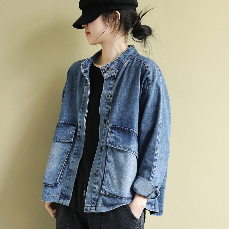 Arrival Spring Korea Fashion Women Long Sleeve Loose Vintage Denim Jecket Big Pocket Stand Collar Casual Short Coat S817 210512