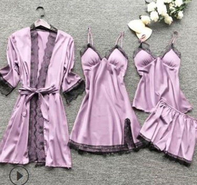 Summer Women Pajama Sets 4 Pcs Sexy Lace Pyjamas Women Satin Silk Sleepwear Elegant Pijama with Chest Pads Homewear
