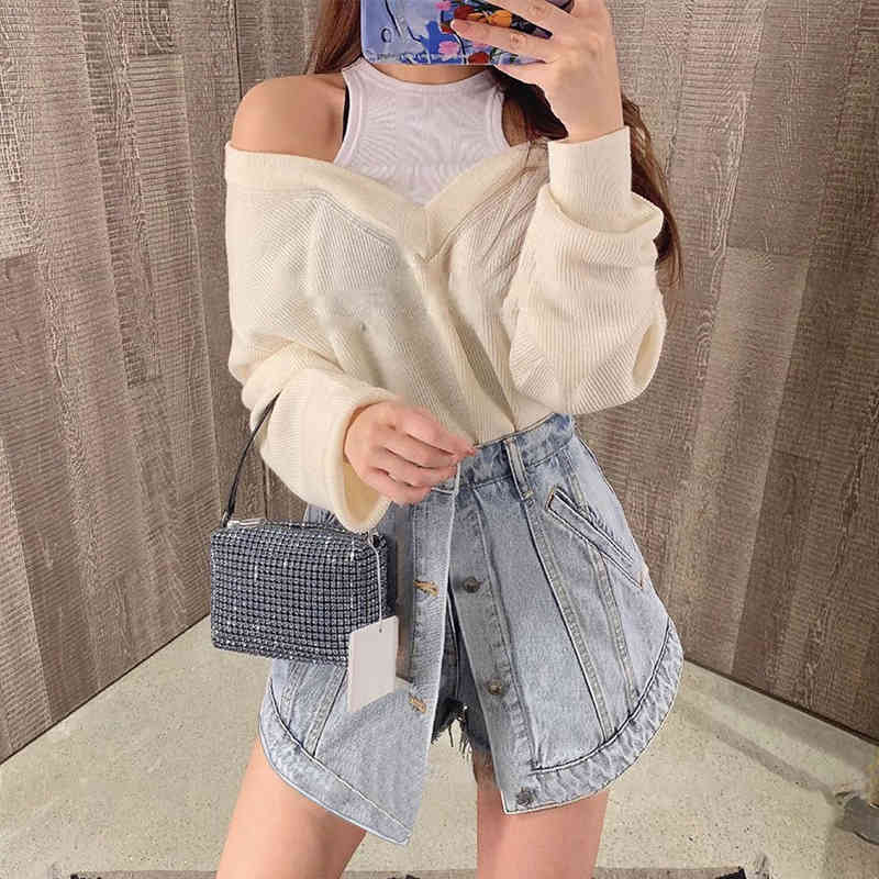 VGH Patchwork Button Blue Denim Short For Women High Waist Casual Mini Skirt Shorts Female Fashion New Clothing Stylish 210421