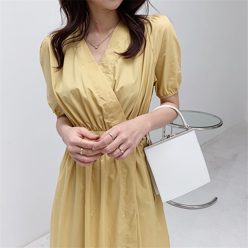 Korean High Waist Feminine Puff Sleeve Solid Chic Women Dresses Summer Waist-Controlled Long Dress Female 210421