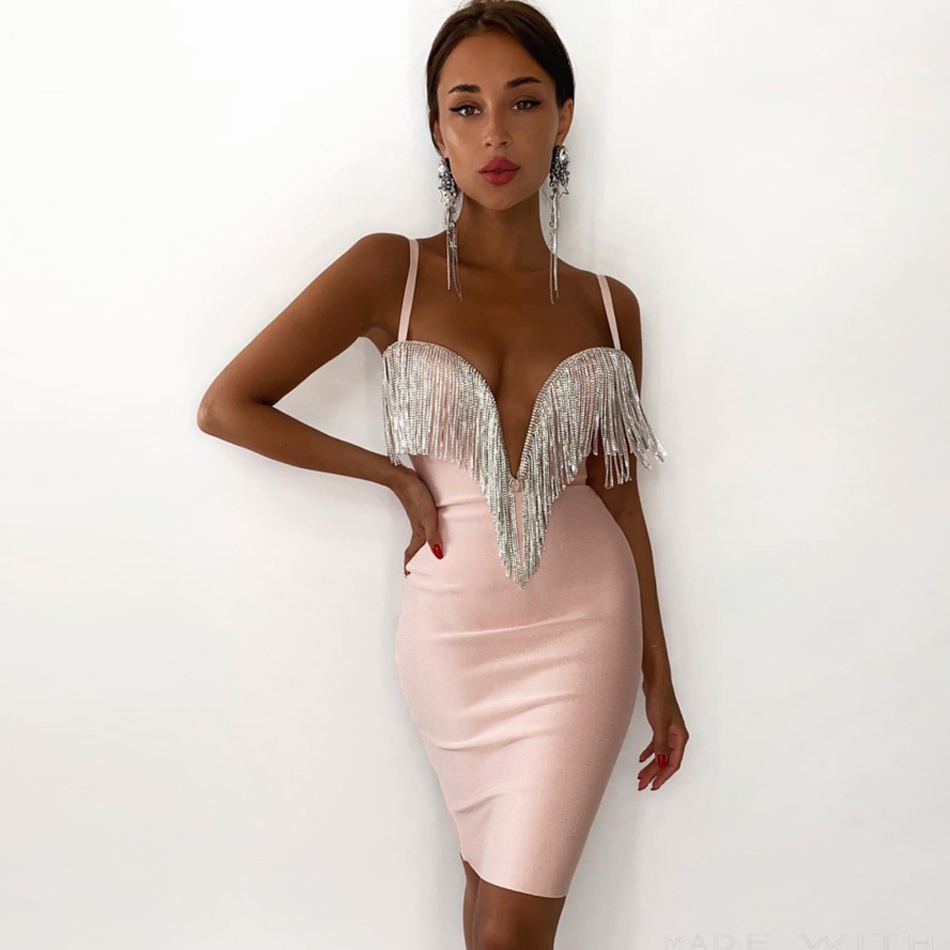 Summer Tassels Spaghetti Strap Bodycon Club Bandage Dress Sexy Sleeveless Celebrity Evening Runway Party Dresses 210423