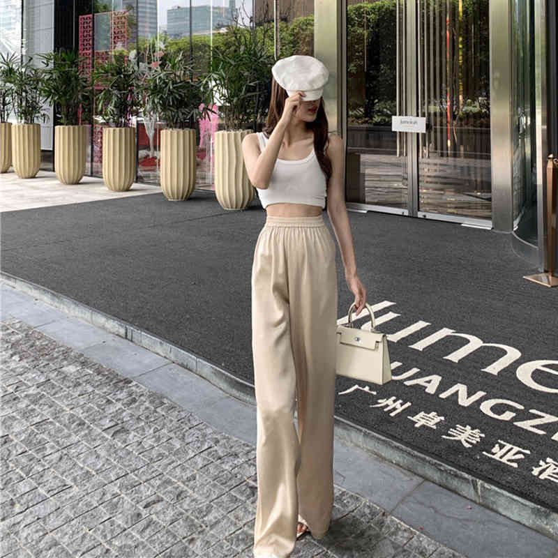 Pants & Capris Loose Casual Elastic High Waist Satin Wide Leg Pant Women Clothing Wild Streetwear Pantalones Mujer Fashion 210429