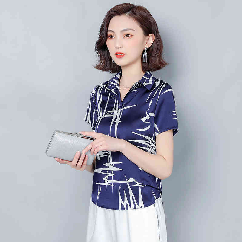 Fashion Print Shirt Plus Size Women Clothes Summer Short Sleeve Office Lady Tops Satin Blouse Blusas 9230 50 210506