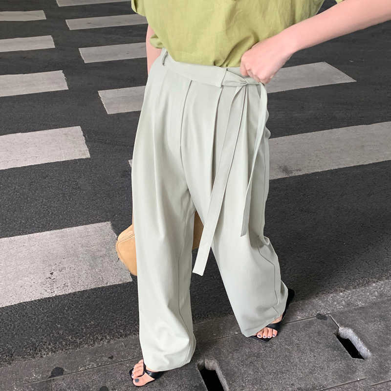 Korejpaa Women Pants Summer Korean Chic Simple Versatile High-Waisted Side-Tied Wide Loose Drape Wide-Leg Suit Casual Pant 210526