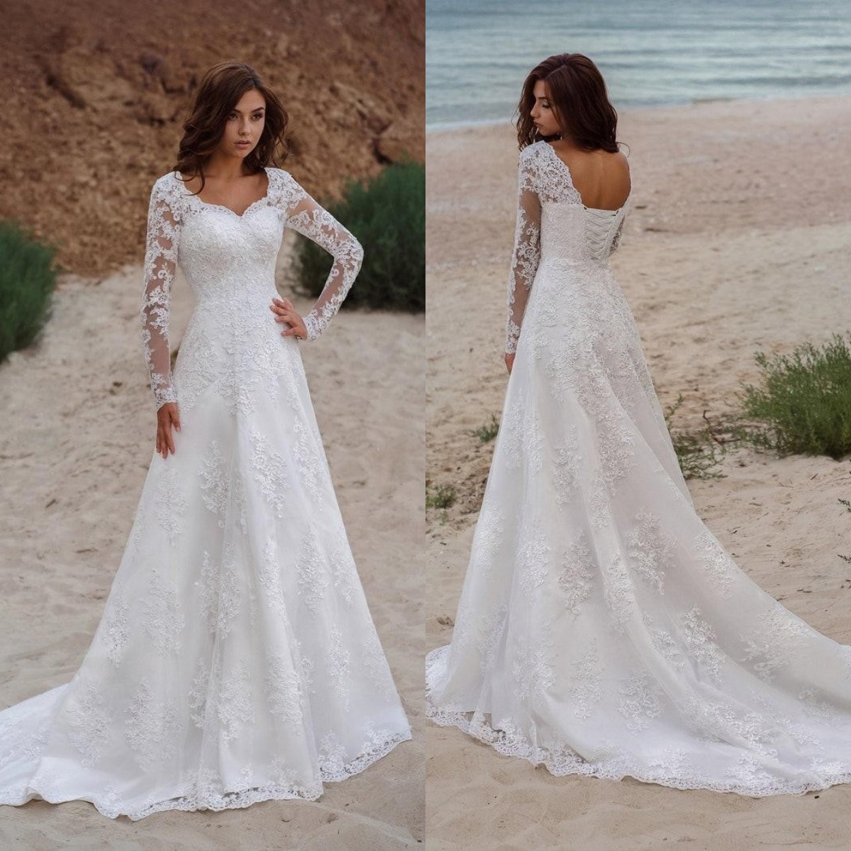 Eleganr Lace-Up Wedding Dresses Lace Applique Long Sleeve Bridal Gowns Sweep Train V Neck Beach Abiti Da Sposa