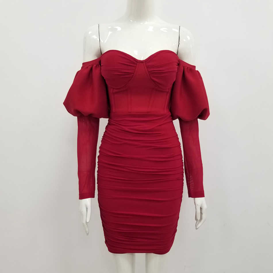 Summer Fashion Women's Red Skinny Strapless Folded Puff Sleeve No Bandage Dress Mini Sexy Celebrity Party 210527