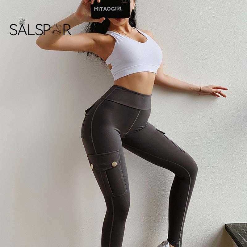 SALSPOR Women Leggings Fitness Sports High Waist Leggins Pocket Push Up Pants Workout Leggings Cargo Pants Casual Hip Pop Pants 211014