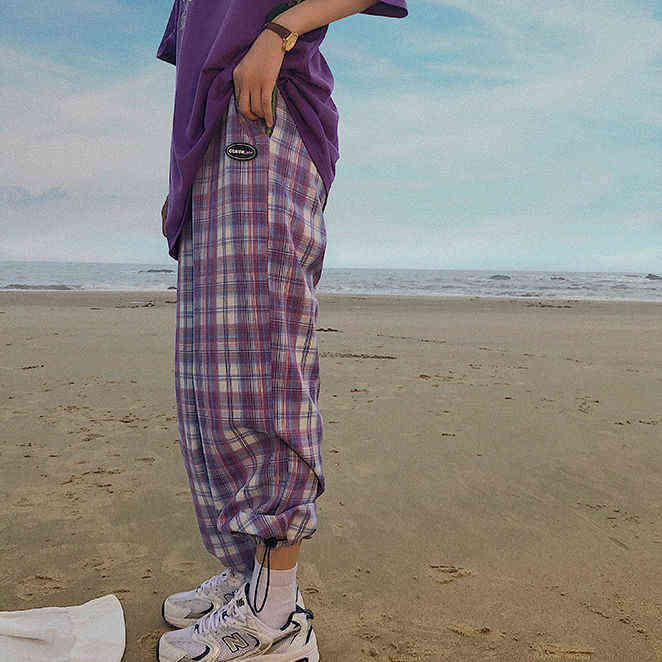 Jogger Pants Women Fashion purple Plaid Loose High Waist Female Trousers Track hip hop Harem pants Pockets Summer Streetwear 211115