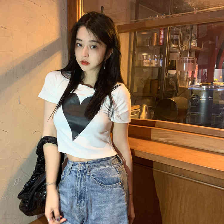 2Colors Summer korean style Big Love Short Sleeve t-shirt Womens Slim Cropped tops Tees shirt femme (F4279) 210423