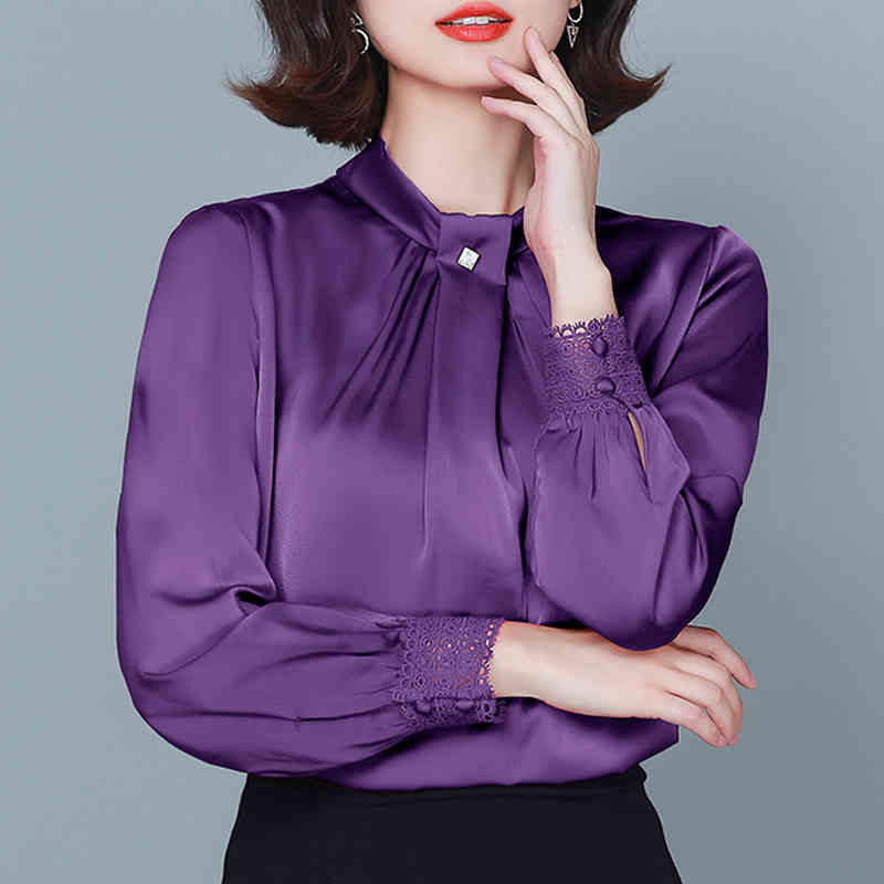 Office Long Sleeve Stand Collar Women's Blouse Autumn Solid Chiffon Shirt Women Plus Size Pullover Ladies Clothing 11581 210415