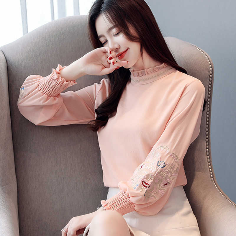 Korean Women Blouses Long Sleeve Shirts Woman Embroidered Blouse Chiffon Tops Plus Size Blusas Mujer De Moda 210531