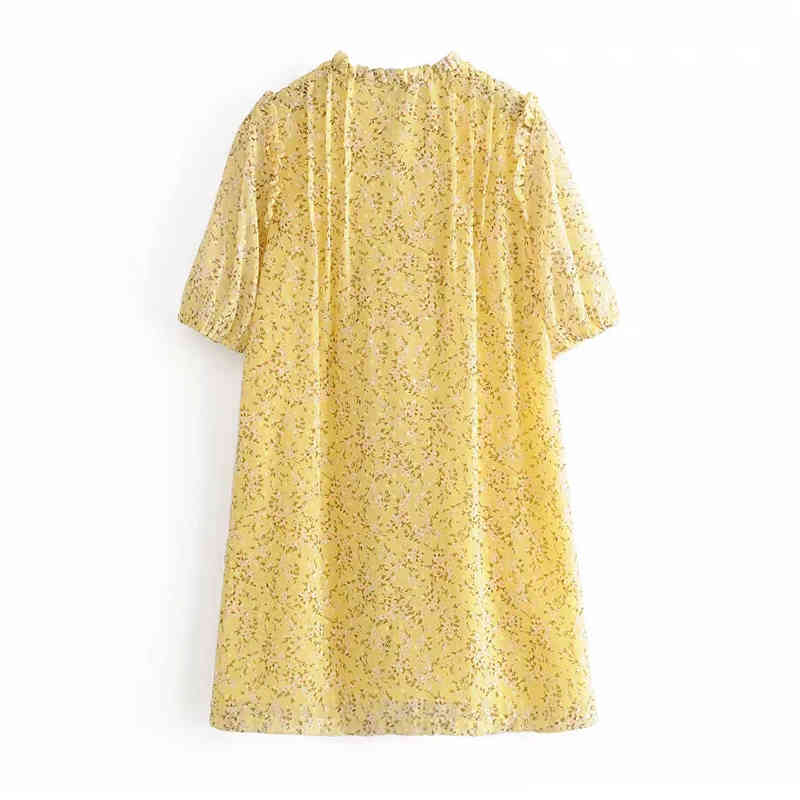 Women Loose Floral Print Chiffon Mini Dresses Summer Ruffle Pleated Shirt Dress Ladies Short Sleeve Casual Sundress 210414