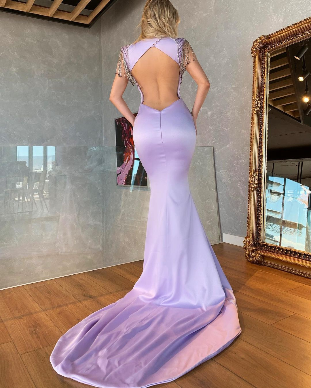 Graceful Lavender Mermaid Prom Dresses Cap Sleeves Tassel Evening Dress Custom Made Beading Crystals Backless Sweep Train Celebrity Party Gown