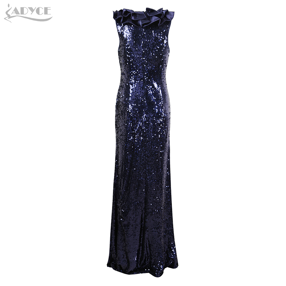 Summer Women Fashion Blue Ruffles V Neck Sequins Maxi Dress Sexy Sleeveless Floor Length Evening Club Party 210423