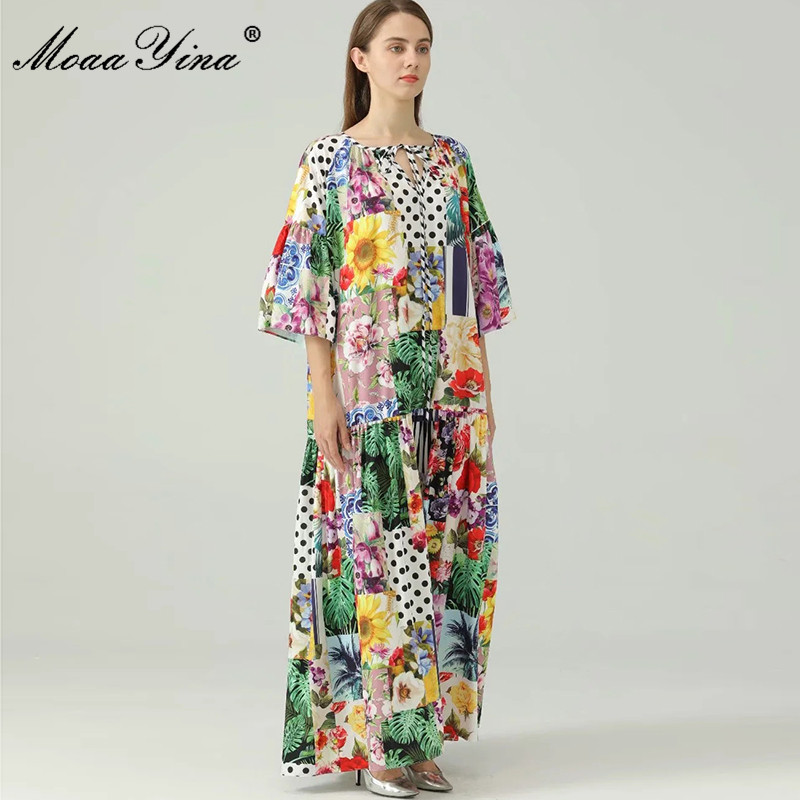 Bohemia Summer Women's Vacation Maxi Dress Loose Matching Flower Print 3/4 sleeve Fashion Long Party 210524