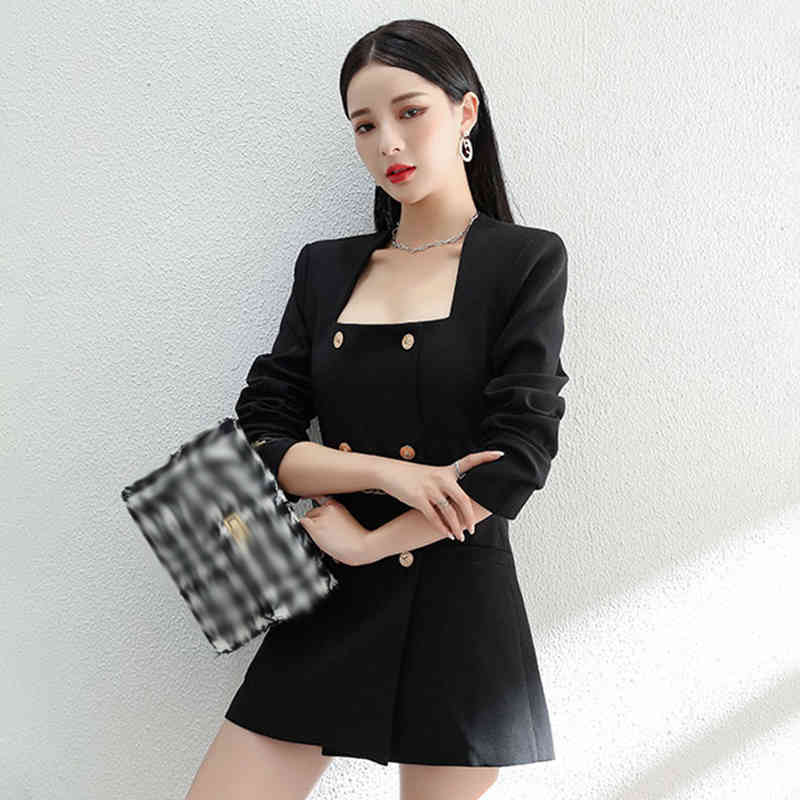 VGH Black Elegant Dress For Women Square Collar Long Sleeve High Waist Slim Dresses Female Spring Clothing Fashion New Tide 210421