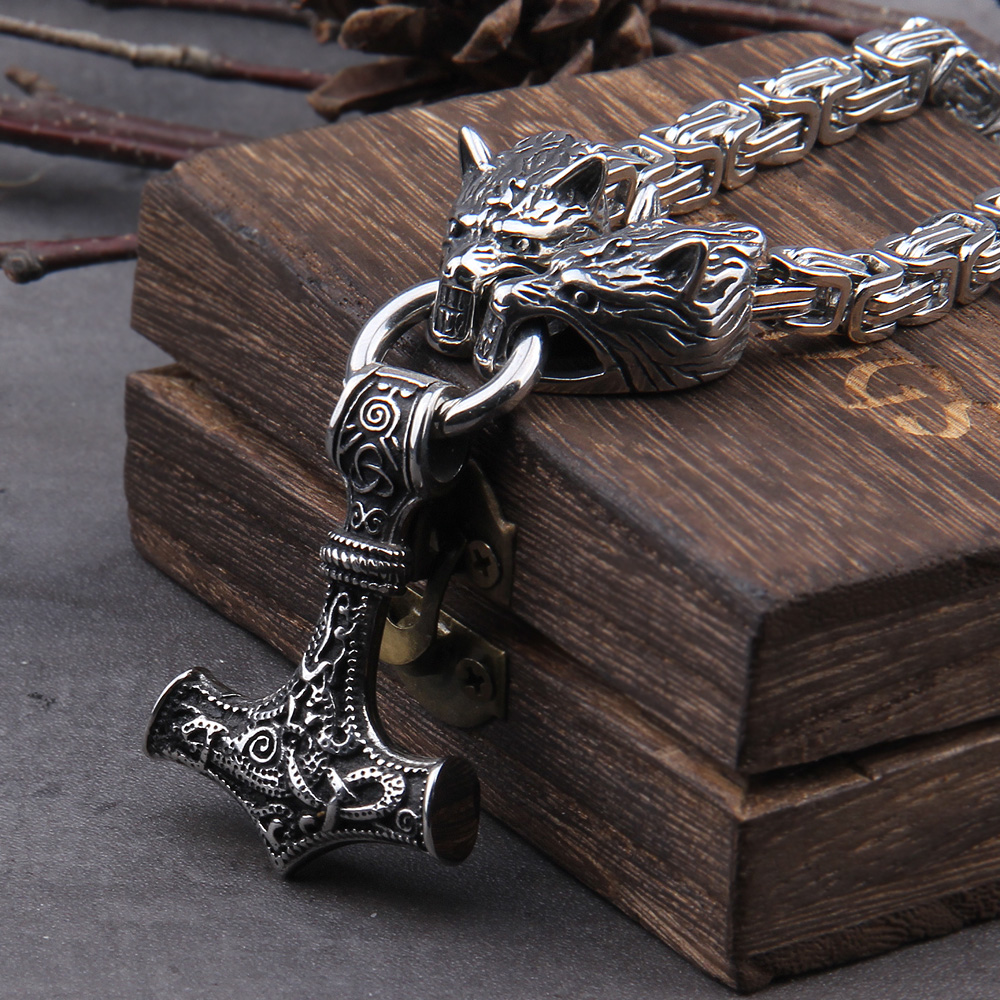 Stainless Steel Wolf Head with Square Chain Necklace thors hammer mjolnir viking necklace with wooden box as boyfriend gift от DHgate WW