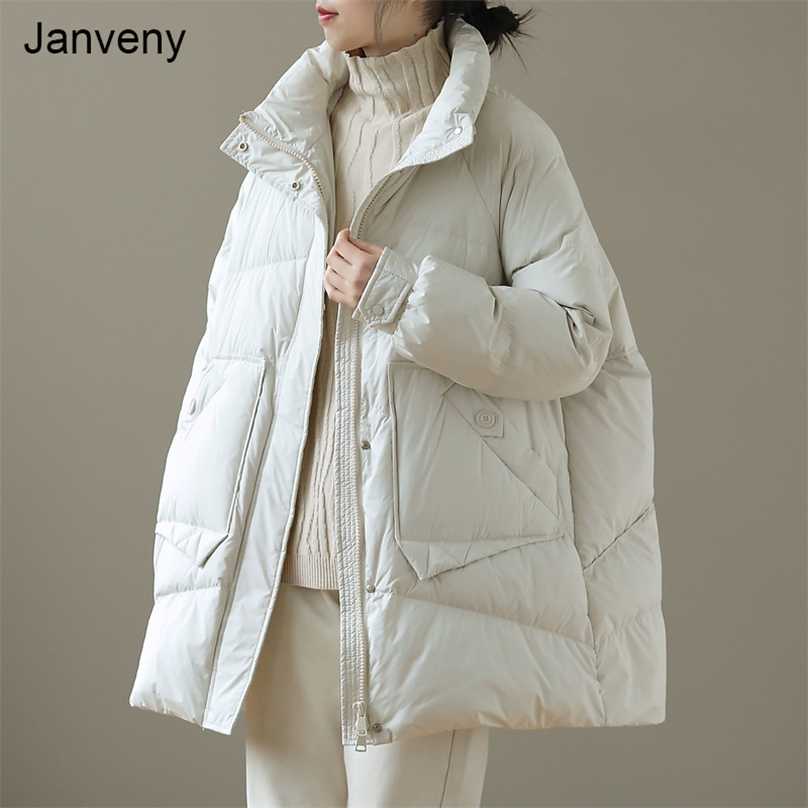 Janveny Winter Autumn Puffer Jacket Women 90% White Duck Down Coat Female Middle Long Loose Bread Coats Feather Parkas Outwear 211018
