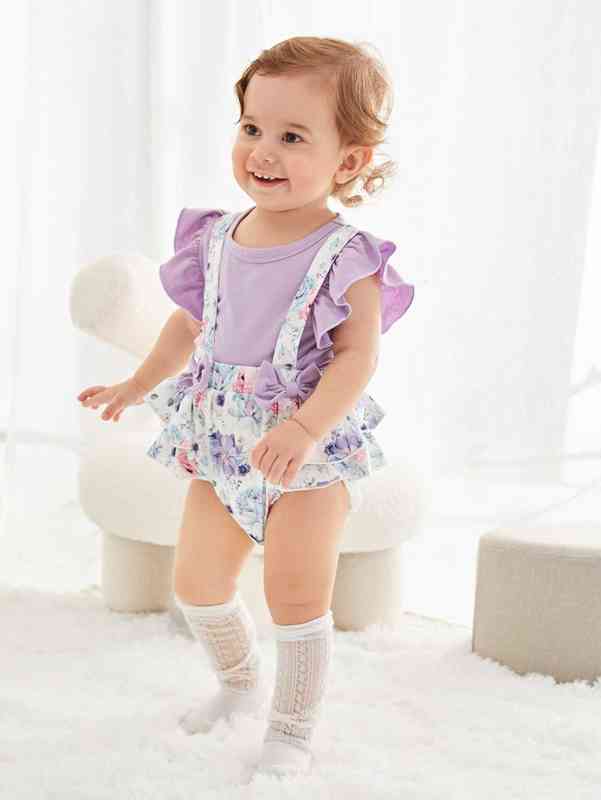 Baby Ruffle Trim Tee & Floral Print Bow Front Suspender Shorts SHE