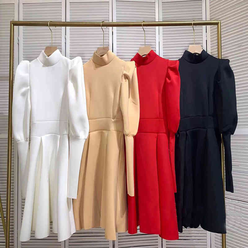 Free Spring Women's A-line Dress Elegant High Neck Bubble Long Sleeve Waist Club Party Vestidos 210524