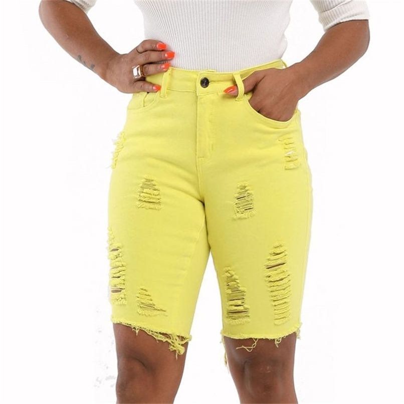 Weigou Denim Skinny Ripped Shorts Women High Waist Distressed Knee Length Stretch Jeans Slim 210714