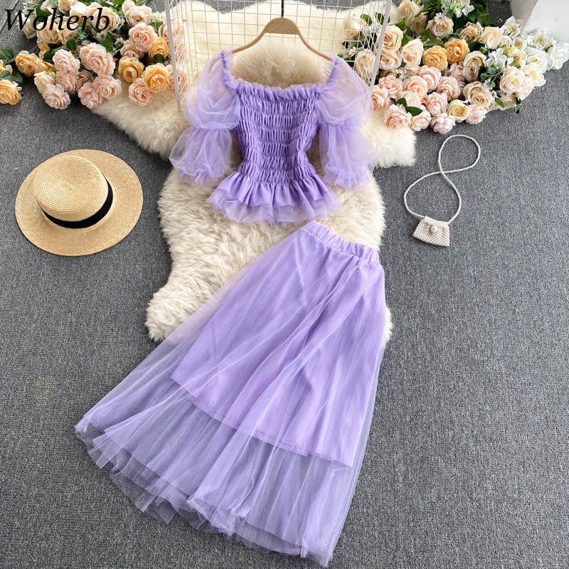 Korean Fashion Summer Clothes Women Sweet Mesh Two Piece Sets Sexy Crop Tops + Pleated Long Skirts Outfit Ladies Suits 210519