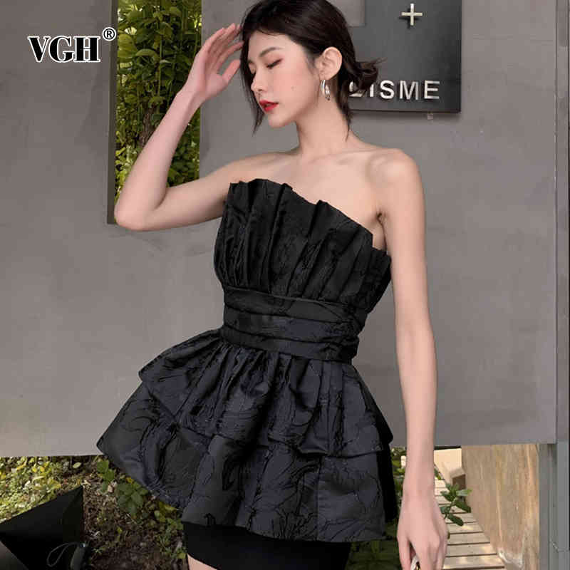 VGH Black Sexy Two Piece Set For Women Strapless Sleeveless Shirt High Waist Bodycon Skirts Female Sets Fashion New clothes 210421