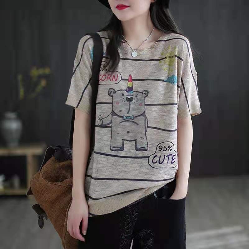 Arrival Summer Korean Style Women Loose Casual Short Sleeve O-neck T Shirt All-matched Cotton Cartoon Print T-shirt W134 210512