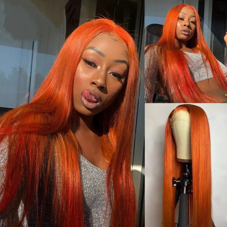 Orange Ginger Color 13x4 Wavy Human Hair Wigs 180% Density Long Straight Synthetic Lace Frontal Wig
