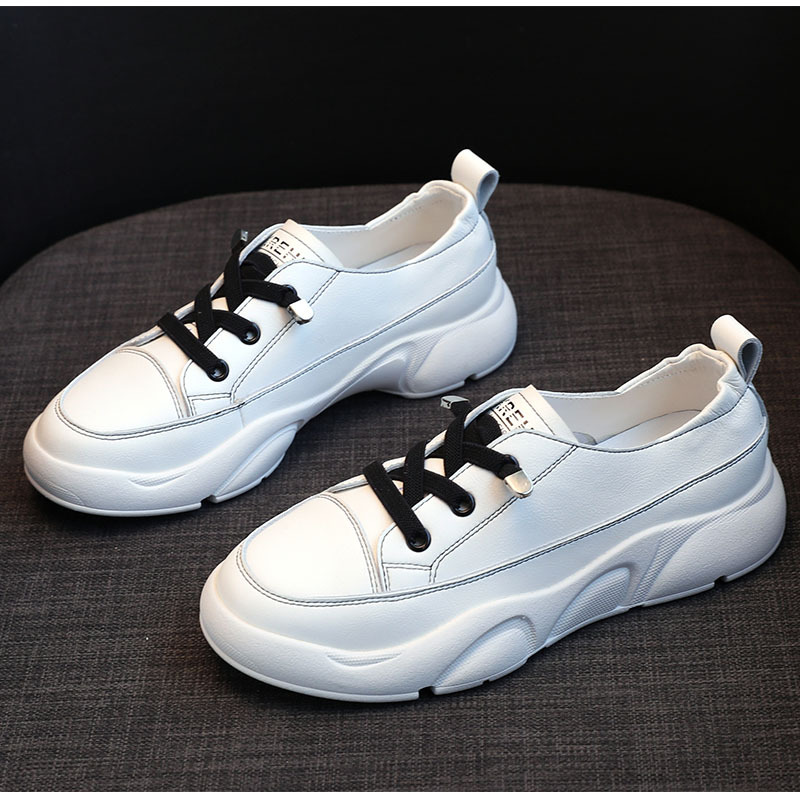 High quality genuine leather white flat casual shoes classic black lace-up shallow mouth ladies shoes spring and summer ladies casual shoes