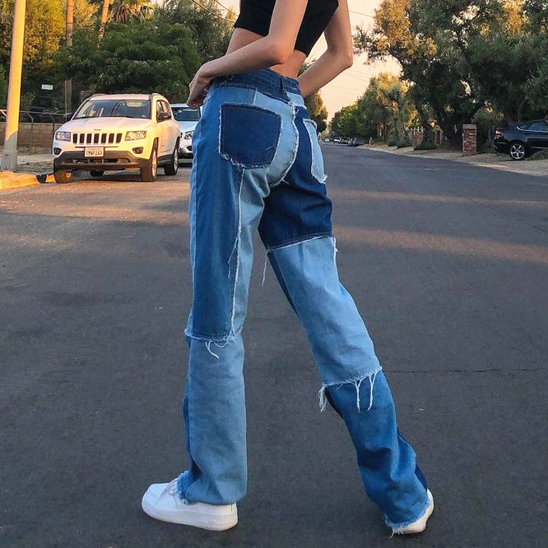 Contrast Color Jeans Women's Spring Stitching High Waist Casual Straight Female Streetwear Cowboy Pants 5A77 210427
