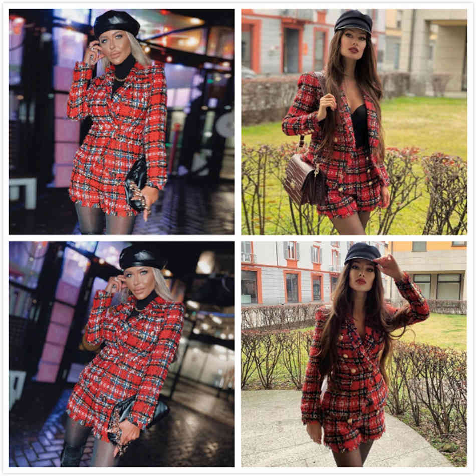 Free Women Red Plaid Blazer Set Lapel Long Sleeve Slim Jacket & High Waist Shorts Two-piece Elegant 210524