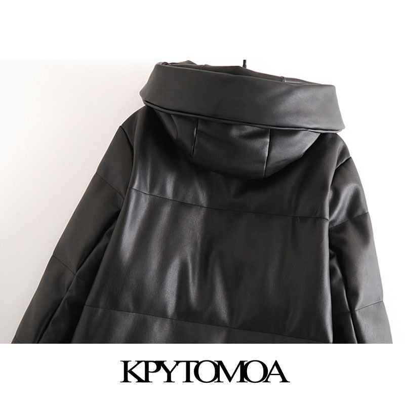 Women Fashion Thick Warm Winter Faux Leather Parkas Coat Hooded Long Sleeve Female Outerwear Chic Overcoat 210420