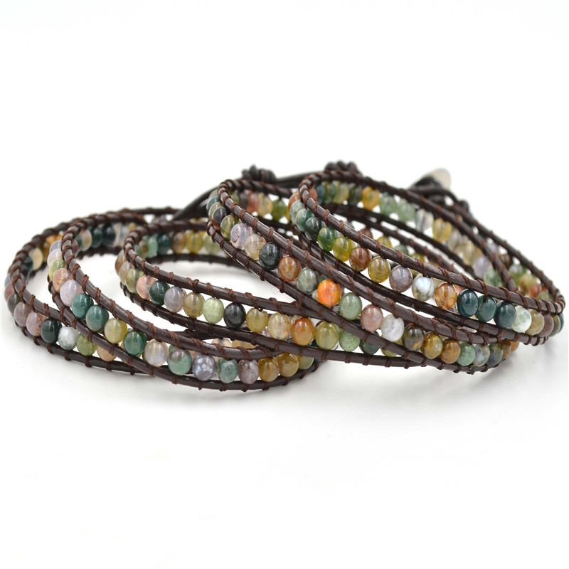 Bohemian Layered Natural Stone Crystal Beaded Strands Bracelet Wrap Leather Rope Boho Multilayer Handwoven Adjustable