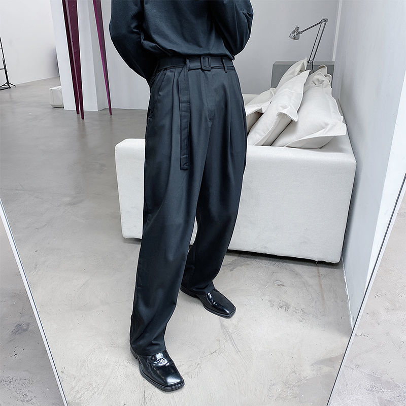 IEFB Spring Korea Streetwear High Waist Slim Black Trousers Men's Trend Wide Leg Pants With Belt 9Y6663 210524