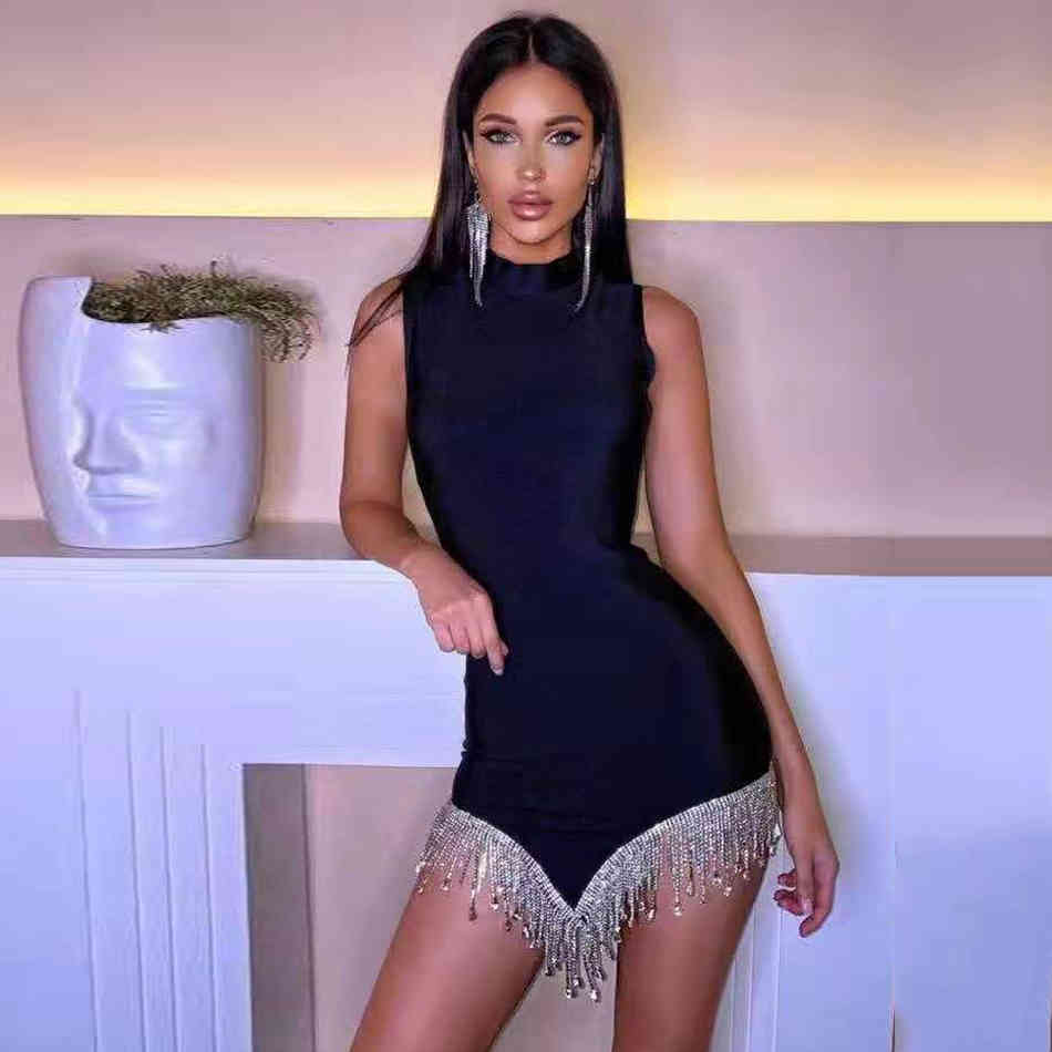 Women's Summer Style Sexy High Neck Black White Fringed Mini Bodycon Bandage Dress Elegant Party Vestidos 210525