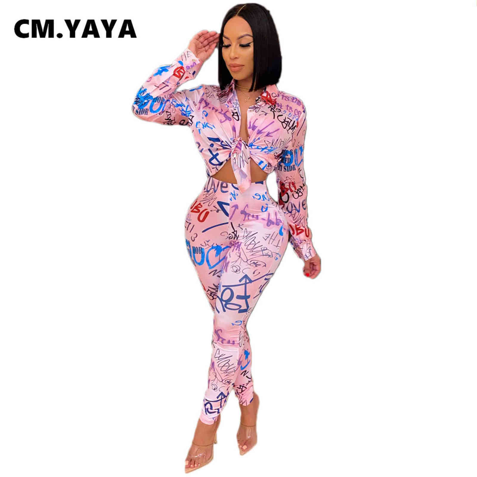 CM.YAYA Autumn Letter Leaf Print Women's Set Blouses Shirt Legging Pants Suit Active Wear Tracksuit Two Piece Fitness Outfit 211105
