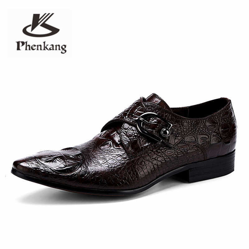 Phenkang mens formal shoes genuine leather ox shoes for men black dress wedding shoes laces leather brogues 210624
