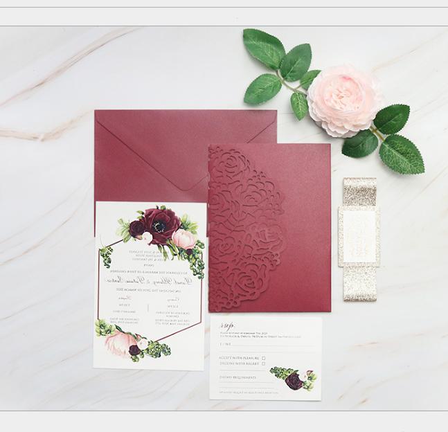 2021 Elegant Burgundy Rose Laser Cut Pocket Wedding Invitations with RSVP Card, 20+Color DIY Invitations For Engagement Bridal Shower